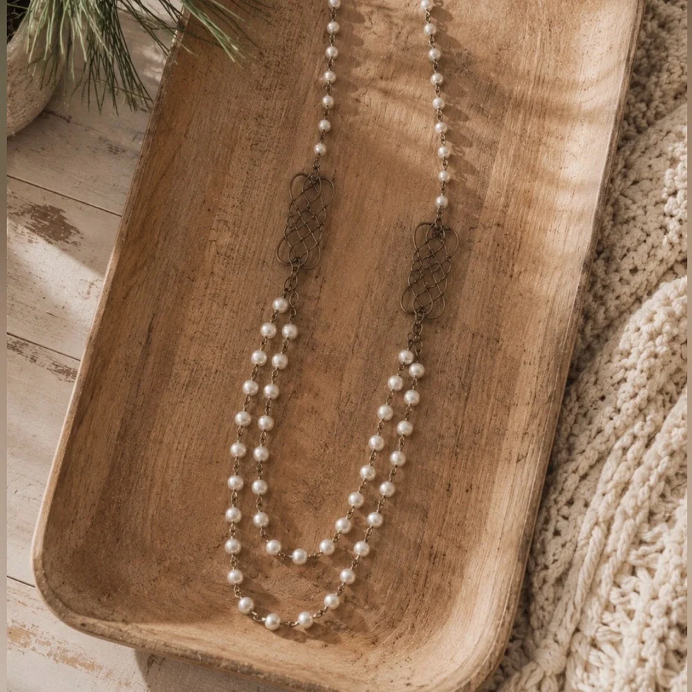 Vintage Faux Pearl & Filigree Metal Station Necklace Romantic Boho Cottagecore